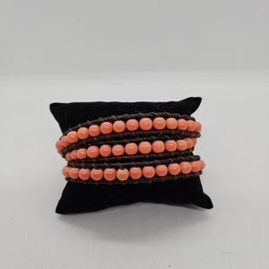 brown leather cord wrap bracelet with coral orange beads
